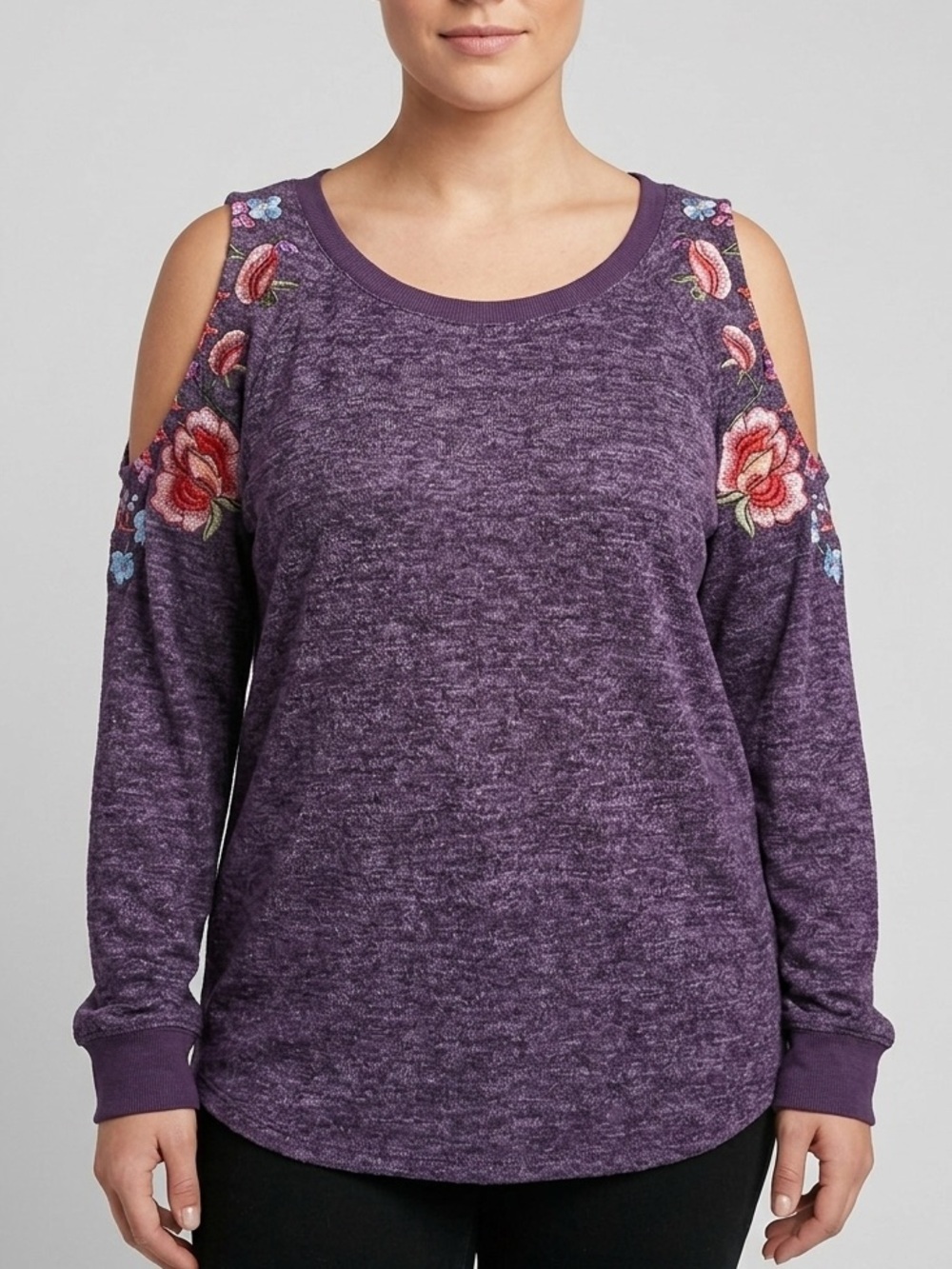 Umgee Purple Cold Shoulder Sweater Floral Embroidered Knit Long Sleeve Tunic M